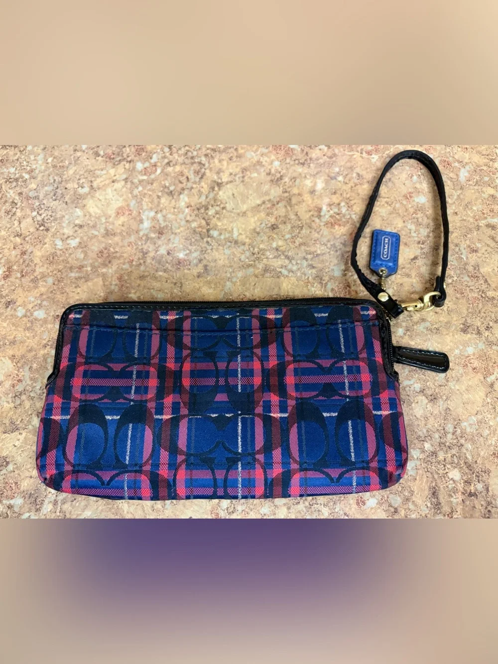 Coach Poppy Navy & Red Tartan Signature Wristlet with Leather Trim